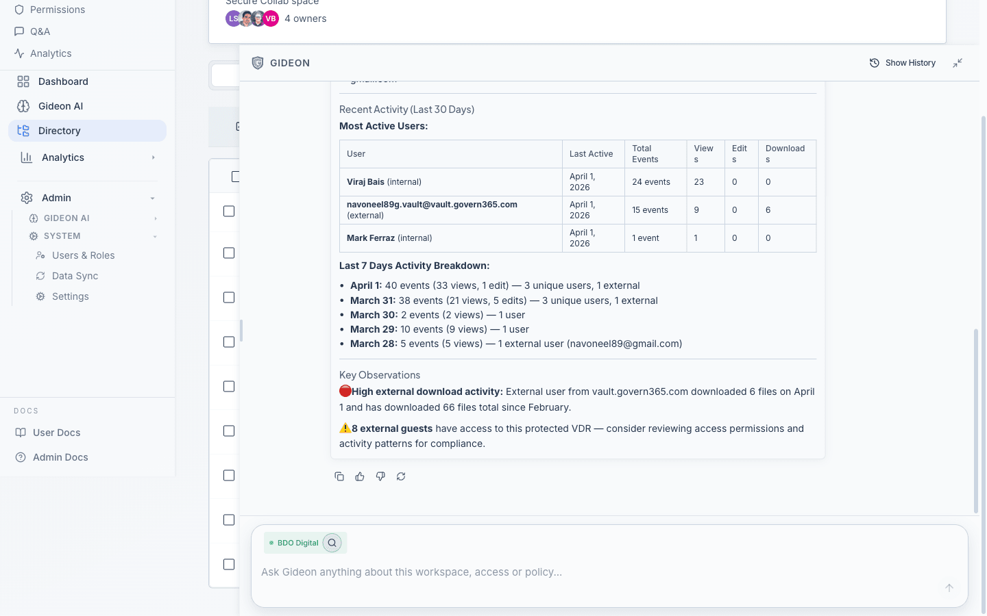 Gideon AI agent panel showing a natural language conversation about data room activity