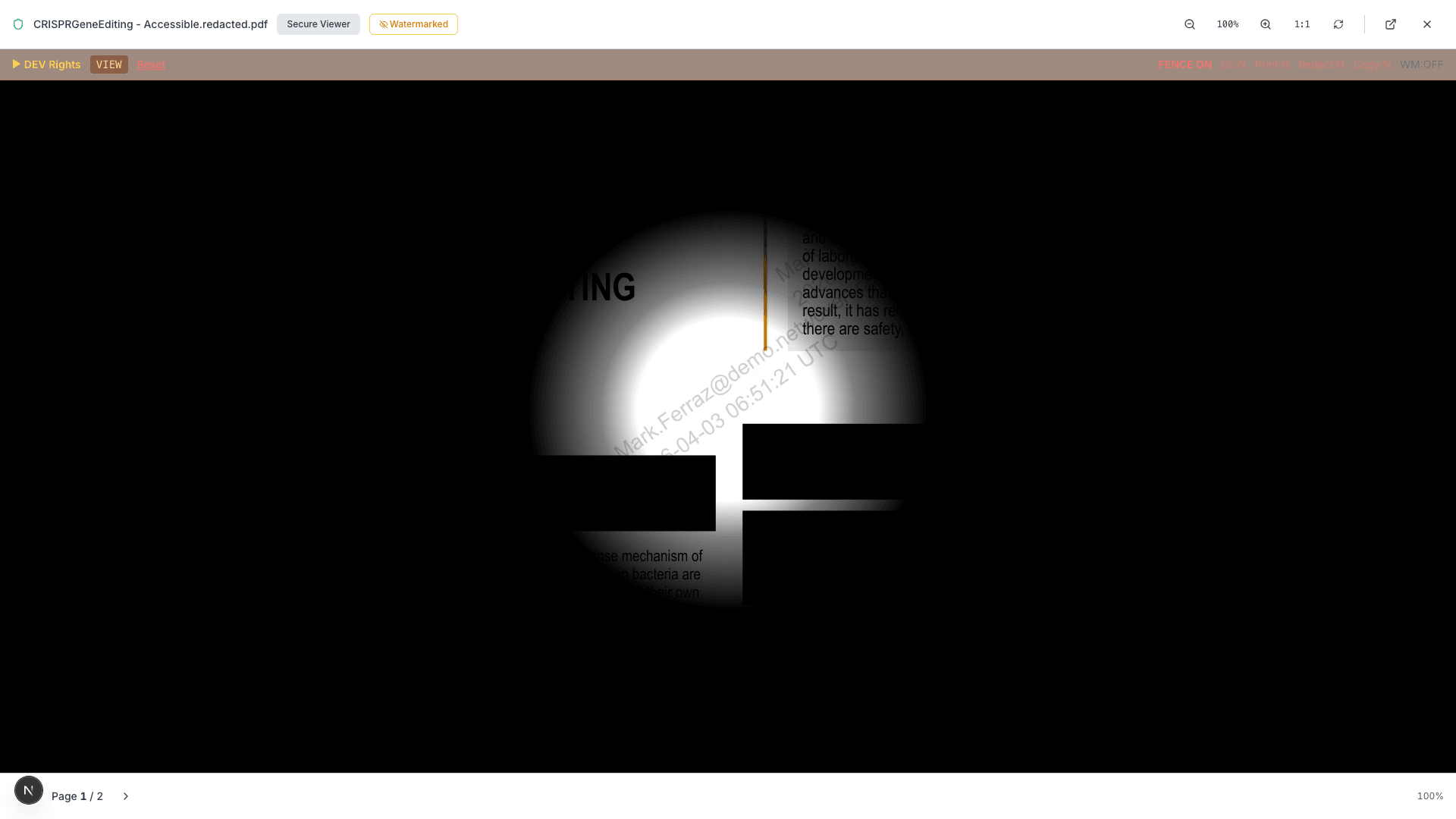 Fenced secure viewer showing spotlight mode with blacked-out content outside cursor area