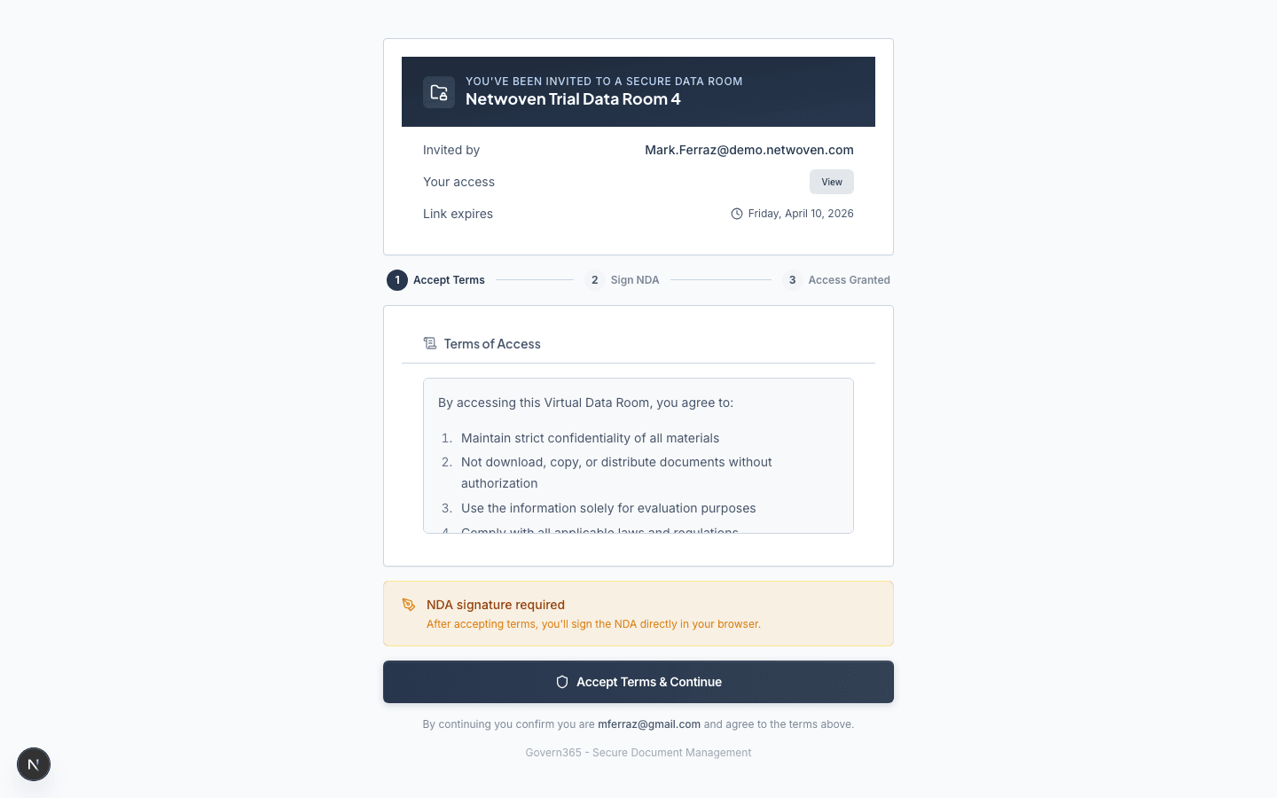 Guest onboarding flow showing terms acceptance and NDA signing interface
