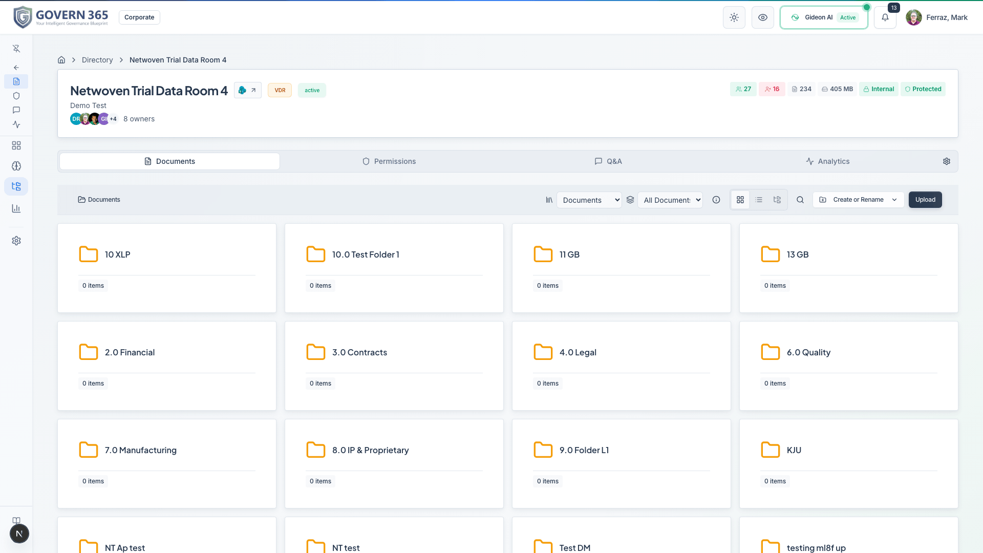 Govern 365 Virtual Data Room dashboard showing organized folders and documents
