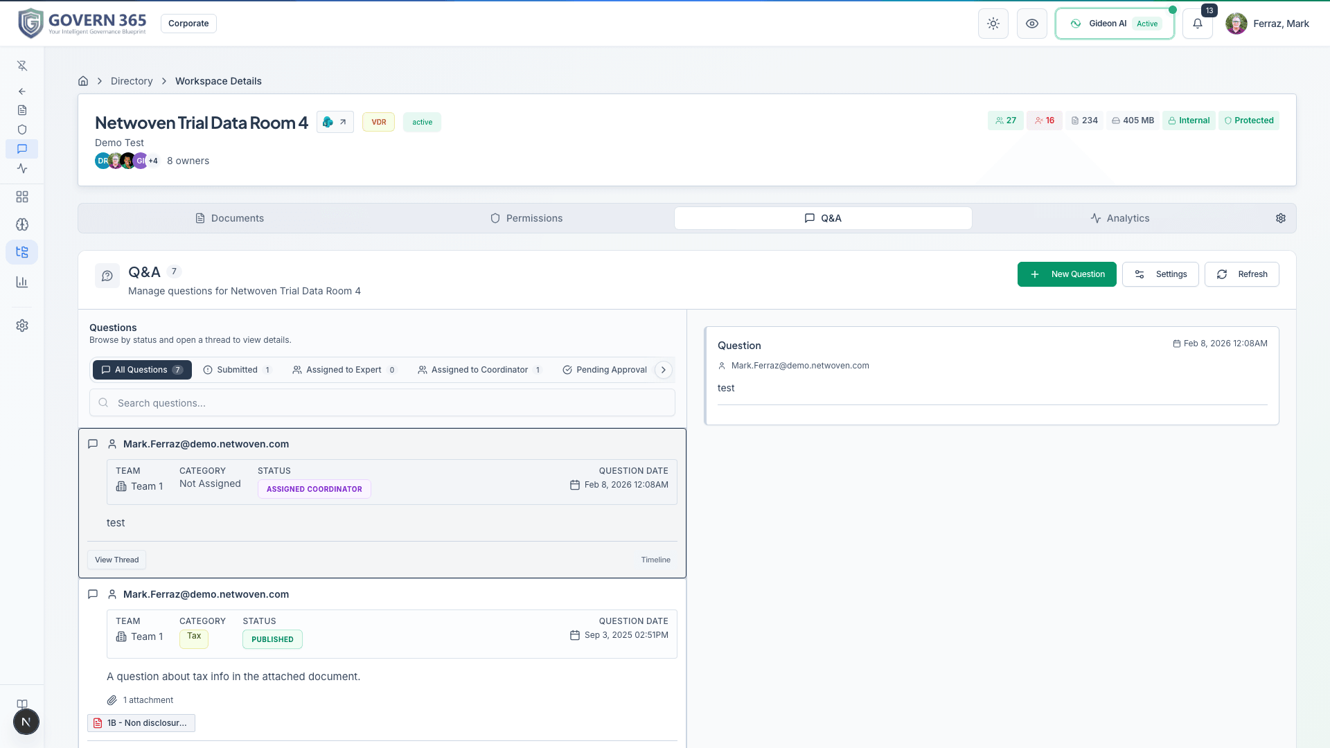 VDR Q&A module showing structured questions and answers within the data room